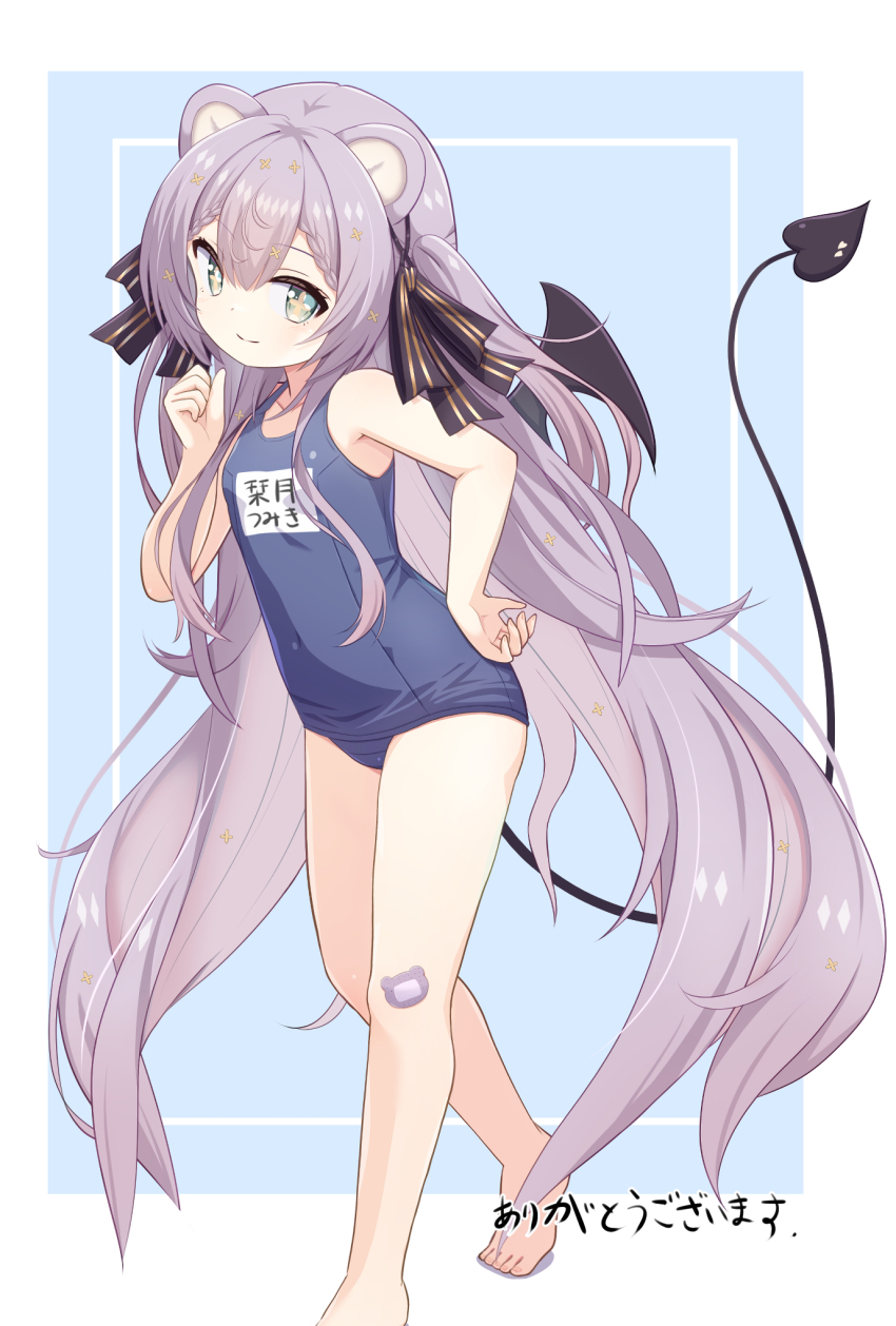 1girl, animal_ears, bandaid, bandaid_on_knee, bandaid_on_leg, barefoot, blue_eyes, blue_one-piece_swimsuit