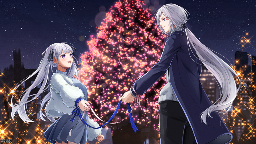 1boy, 1girl, :d, black_pants, black_ribbon, blue_coat, blue_ribbon, christmas_lights, christmas_tree, coat, copyright_name, dairoku_ryouhei, dress, eye_contact, grey_dress, grey_sweater, hair_ribbon, hetero, highres, holding, holding_ribbon, long_hair, long_sleeves, looking_at_another, nemuria_teas, night, open_mouth, outdoors, pants, pink_ribbon, ponytail, purple_eyes, ribbon, sky, smile, standing, sweater, unen_kanou, very_long_hair, white_coat, white_hair, yoshiki1020