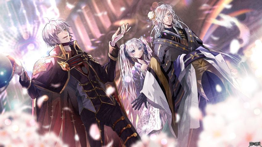 1girl, 2boys, black_gloves, black_vest, blue_eyes, blurry, blurry_background, blurry_foreground, cape, copyright_name, dairoku_ryouhei, flower, foley_sevicius, gloves, hair_flower, hair_ornament, hand_up, hands_up, highres, long_hair, long_sleeves, multiple_boys, nemuria_teas, one_eye_closed, purple_eyes, standing, twintails, unen_kanou, vest, white_hair, wide_sleeves, yakujyooz