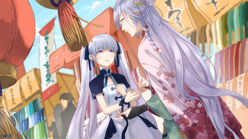 1boy, 1girl, black_ribbon, braid, breasts, dairoku_ryouhei, day, dress, eye_contact, floral_print, grey_hair, hair_ornament, hair_ribbon, hair_stick, highres, long_hair, looking_at_another, makiasaka, nemuria_teas, outdoors, purple_eyes, ribbon, short_sleeves, sign, small_breasts, standing, tying, unen_kanou, very_long_hair, white_dress, wrist_ribbon