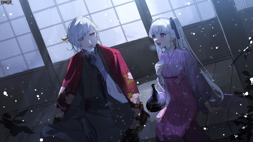 1boy, 1girl, black_ribbon, copyright_name, cup, dairoku_ryouhei, drinking, floral_print