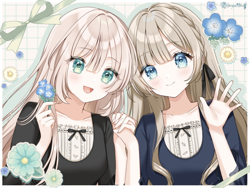 2girls, aqua_eyes, black_dress, black_ribbon, blonde_hair, blue_dress, blue_eyes, blue_flower