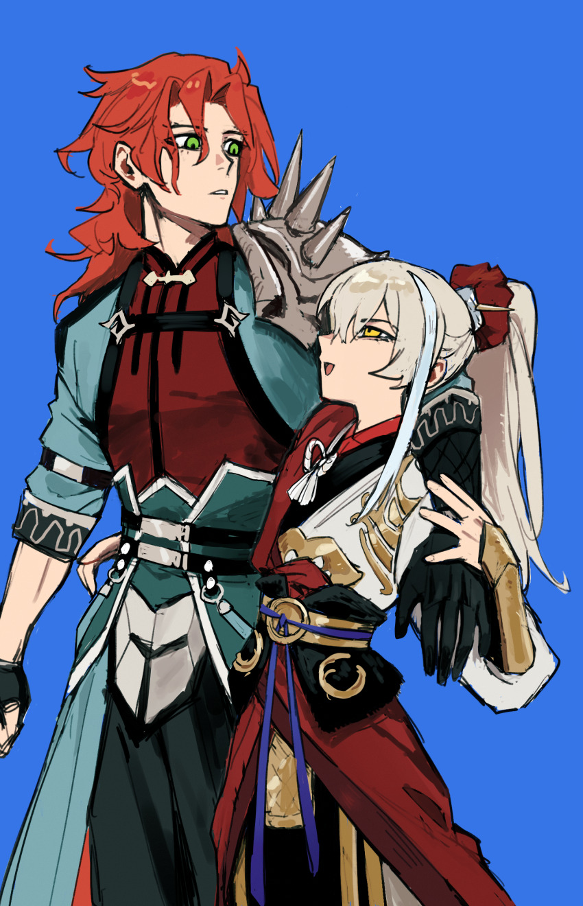 2boys, archer_(fate/samurai_remnant), arm_around_shoulder, arm_grab, arm_guards, armor, asymmetrical_gloves, belt