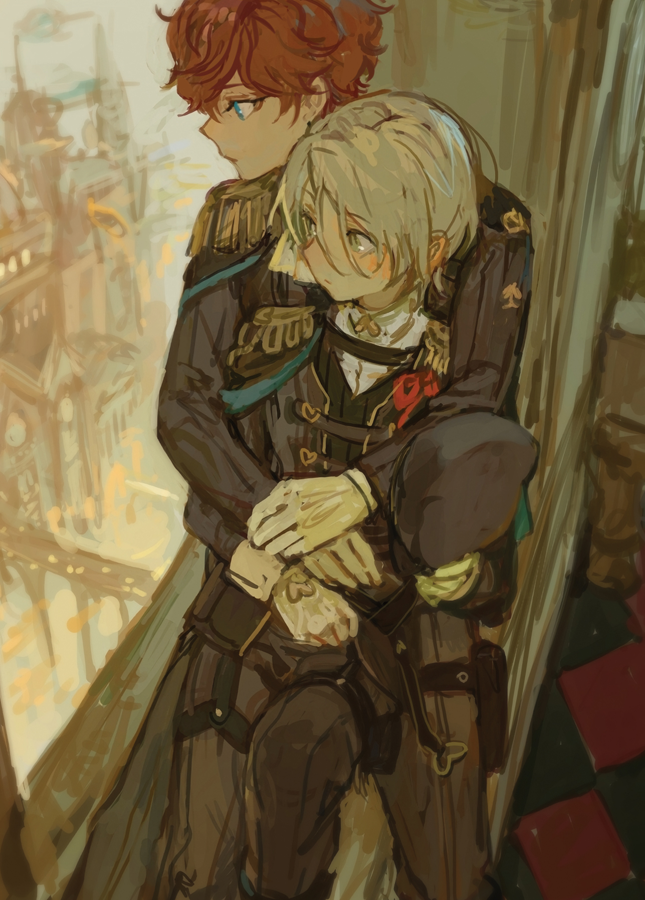 2boys, alternate_universe, amagi_hiiro, arms_behind_back, band_uniform, black_jacket, blush, building