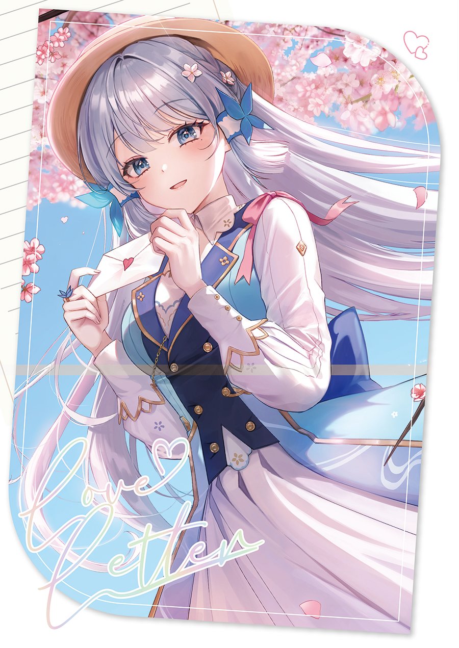 1girl, 723/nanahumi, ayaka_(genshin_impact), blue_butterfly, blue_dress, blue_eyes, blue_hair, blunt_bangs