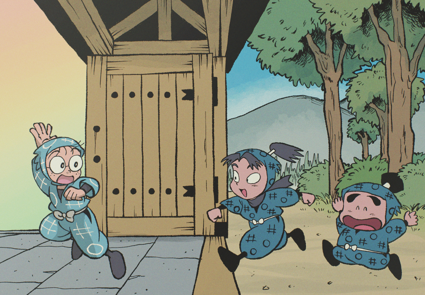 1990s_(style), 3boys, ^_^, amako_soubee_(style), blue_hood, bush, chibi, chibi_only