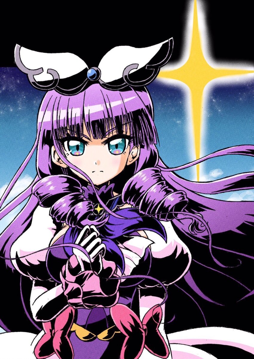 1girl, blue_background, bow, breasts, brooch, clenched_hand, closed_mouth, cure_noble