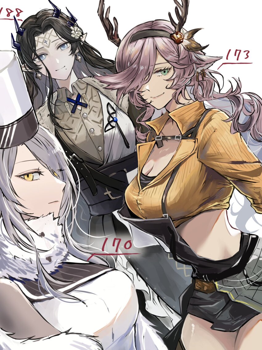 3girls, antlers, arknights, black_hair, breasts, cleavage, coldshot_(arknights), collared_shirt