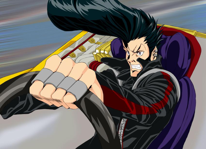 1boy, big_hair, black_hair, black_jacket, car_interior, clenched_teeth, driving, earclip