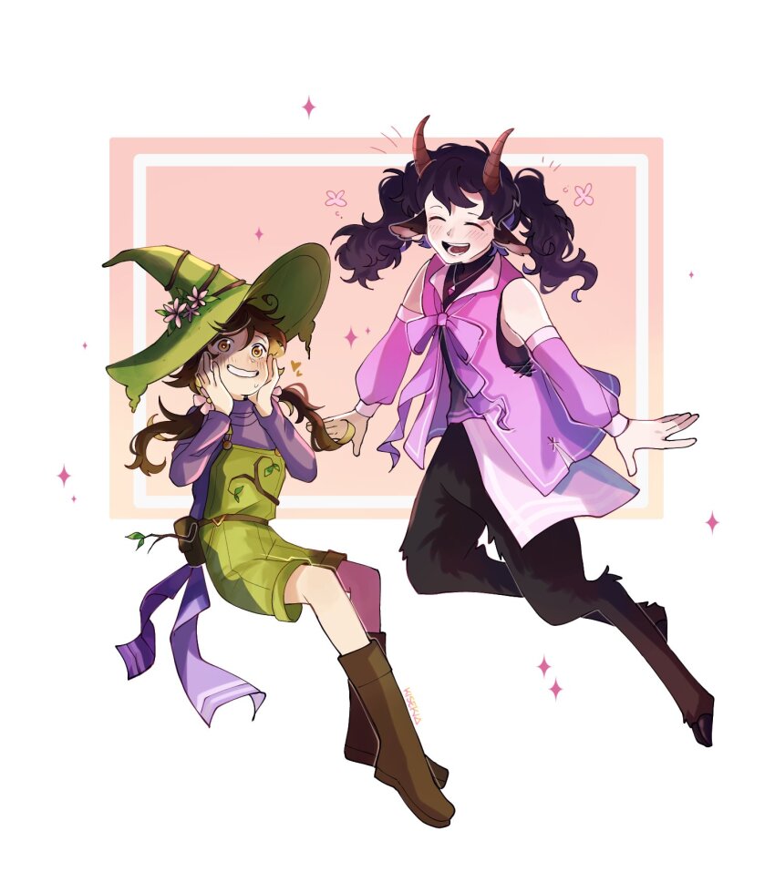 2girls, abstract_background, animal_legs, blush, boots, bow, empires_smp, hat