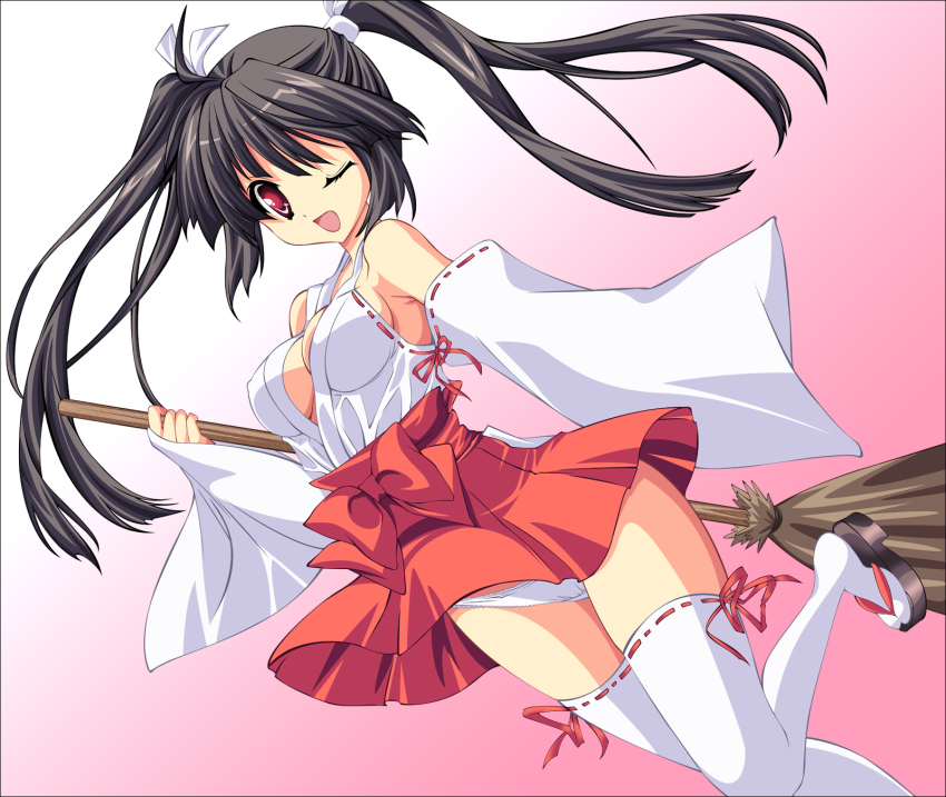 1girl, adapted_uniform, bad_id, bad_pixiv_id, black_hair, breasts, broom, cleavage, derivative_work, detached_sleeves, female_focus, hair_ribbon, highres, japanese_clothes, kimono, kimono_skirt, legs, long_hair, medium_breasts, miko, morrow_(hitodama-x), one_eye_closed, original, panties, pantyshot, red_eyes, ribbon, ribbon-trimmed_clothes, ribbon-trimmed_legwear, ribbon-trimmed_sleeves, ribbon_trim, solo, thighhighs, twintails, underwear, upskirt, vector_trace, wink, yukiwo