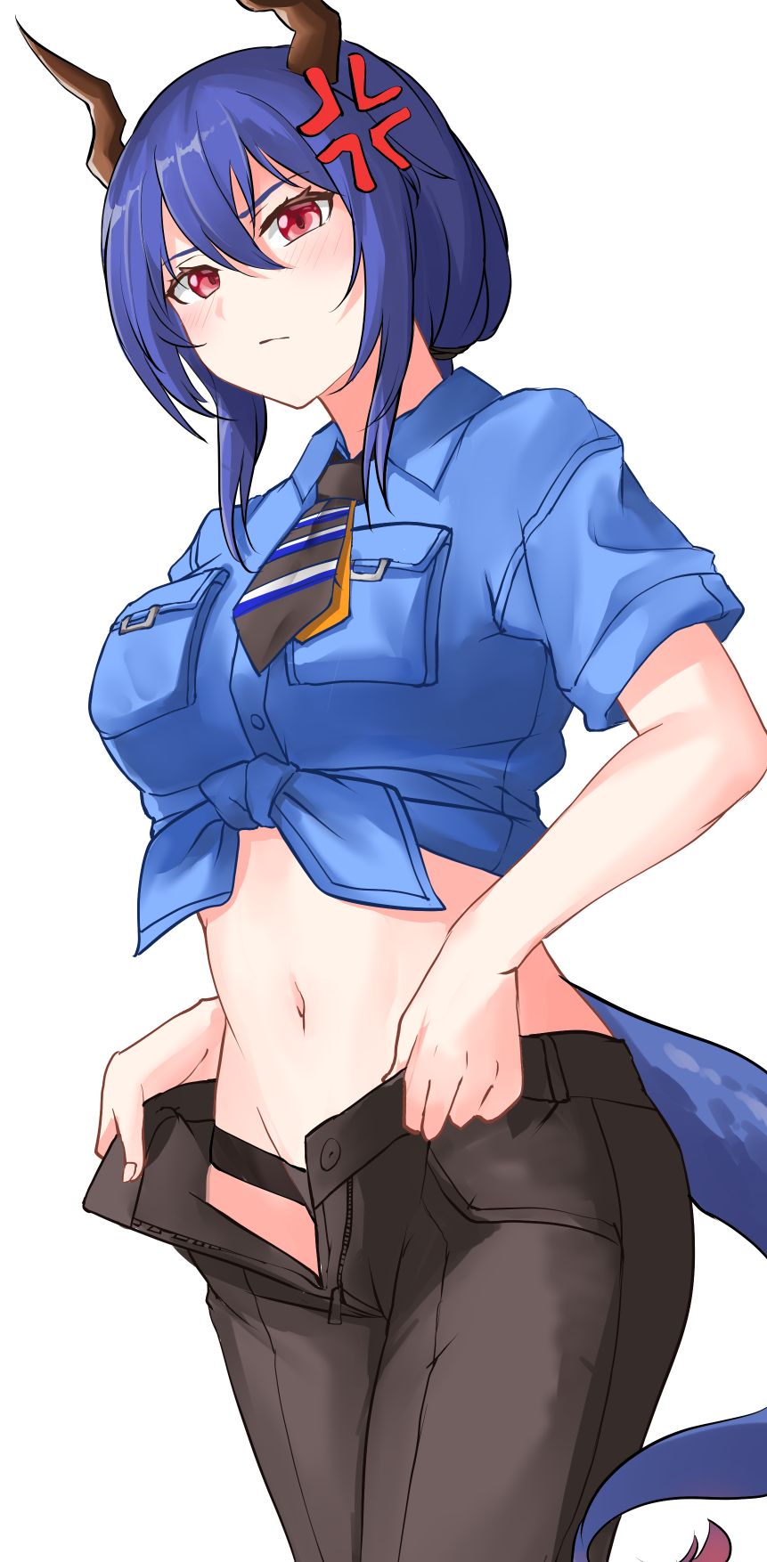 1girl, adjusting_clothes, anger_vein, arknights, black_panties, black_pants, blue_hair, blue_shirt