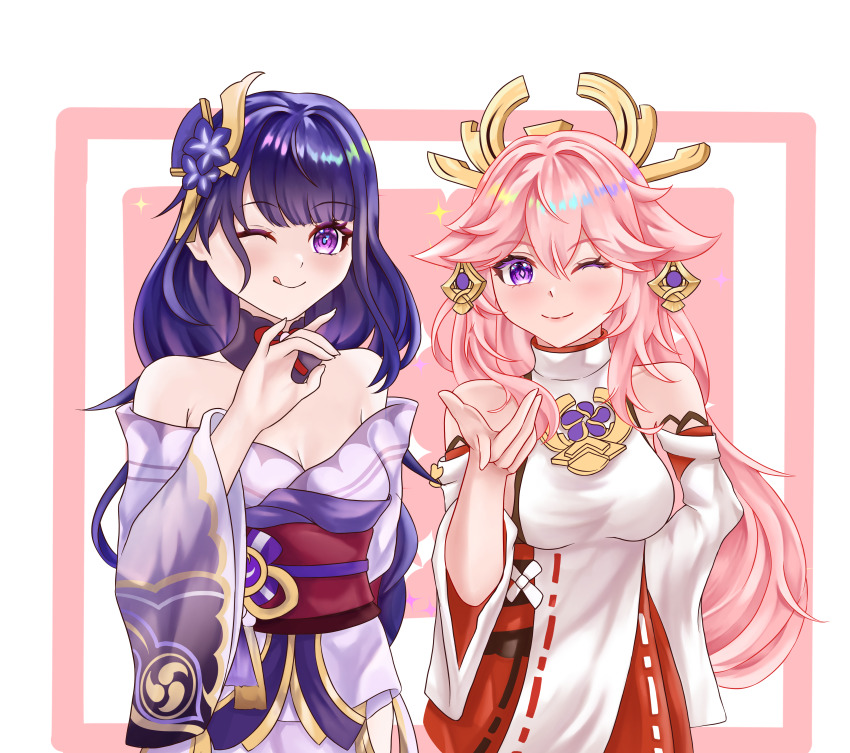 2girls, ;), ;q, absurdres, bare_shoulders, blush, breasts, cleavage, cowboy_shot, detached_sleeves, ganqing, genshin_impact, hair_ornament, hand_up, highres, japanese_clothes, kimono, long_hair, long_sleeves, looking_at_viewer, multiple_girls, obi, off_shoulder, one_eye_closed, pink_hair, purple_eyes, purple_hair, purple_kimono, raiden_shogun, red_sash, red_skirt, sash, shirt, skirt, sleeveless, sleeveless_shirt, small_breasts, smile, standing, tongue, tongue_out, very_long_hair, white_shirt, wide_sleeves, yae_miko