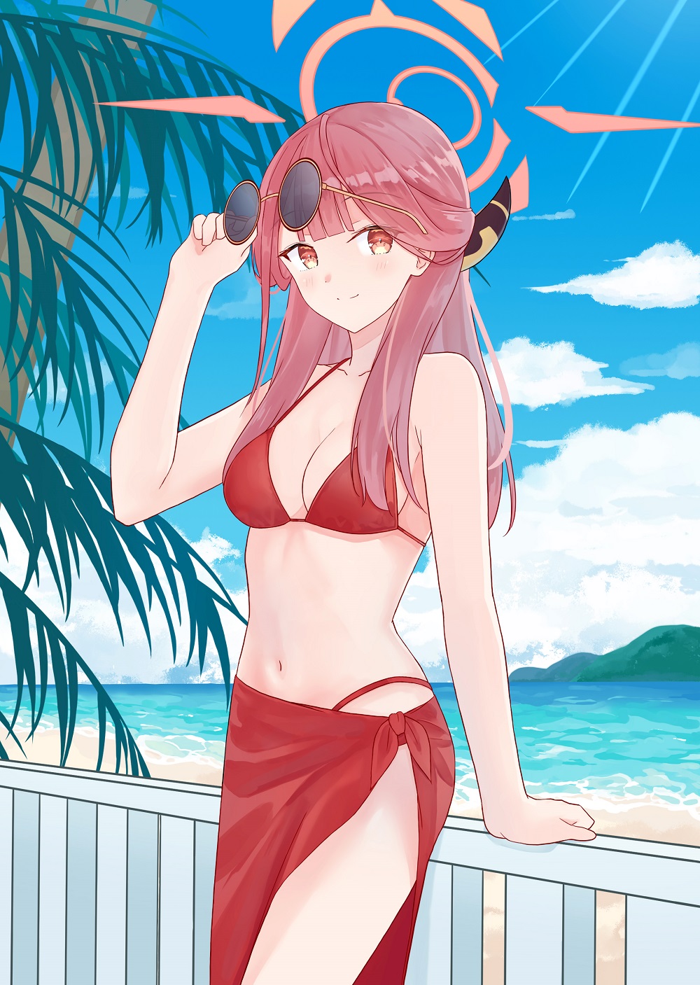 1girl, against_railing, akaya_(pixiv20545353), arm_support, arm_up, aru_(blue_archive), bare_arms, bare_shoulders