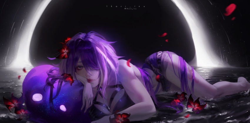 1girl, 1other, acheron_(honkai:_star_rail), artist_name, bare_arms, bare_legs, bare_shoulders, barefoot