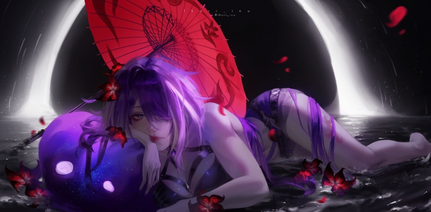 1girl, 1other, acheron_(honkai:_star_rail), artist_name, bare_arms, bare_legs, bare_shoulders, barefoot