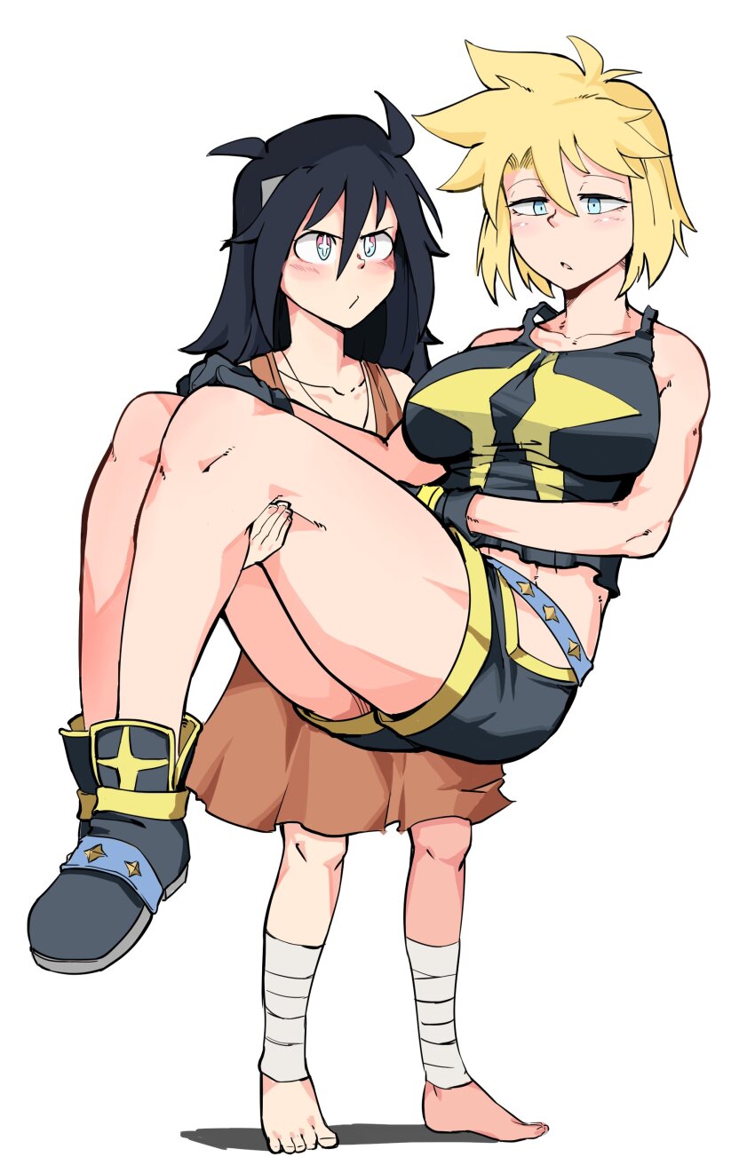 2girls, absurdres, antares_topaz, bandaged_ankle, bandaged_arm, bandages, bare_shoulders, barefoot