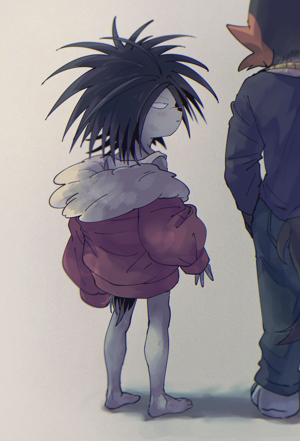 2boys, alternate_costume, barefoot, black_hair, borrowed_clothes, clothing_cutout, colored_skin, dobu_(odd_taxi)