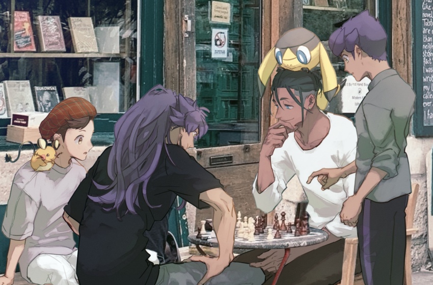 4boys, alternate_costume, black_hair, board_game, brown_hair, chair, chess, chess_piece