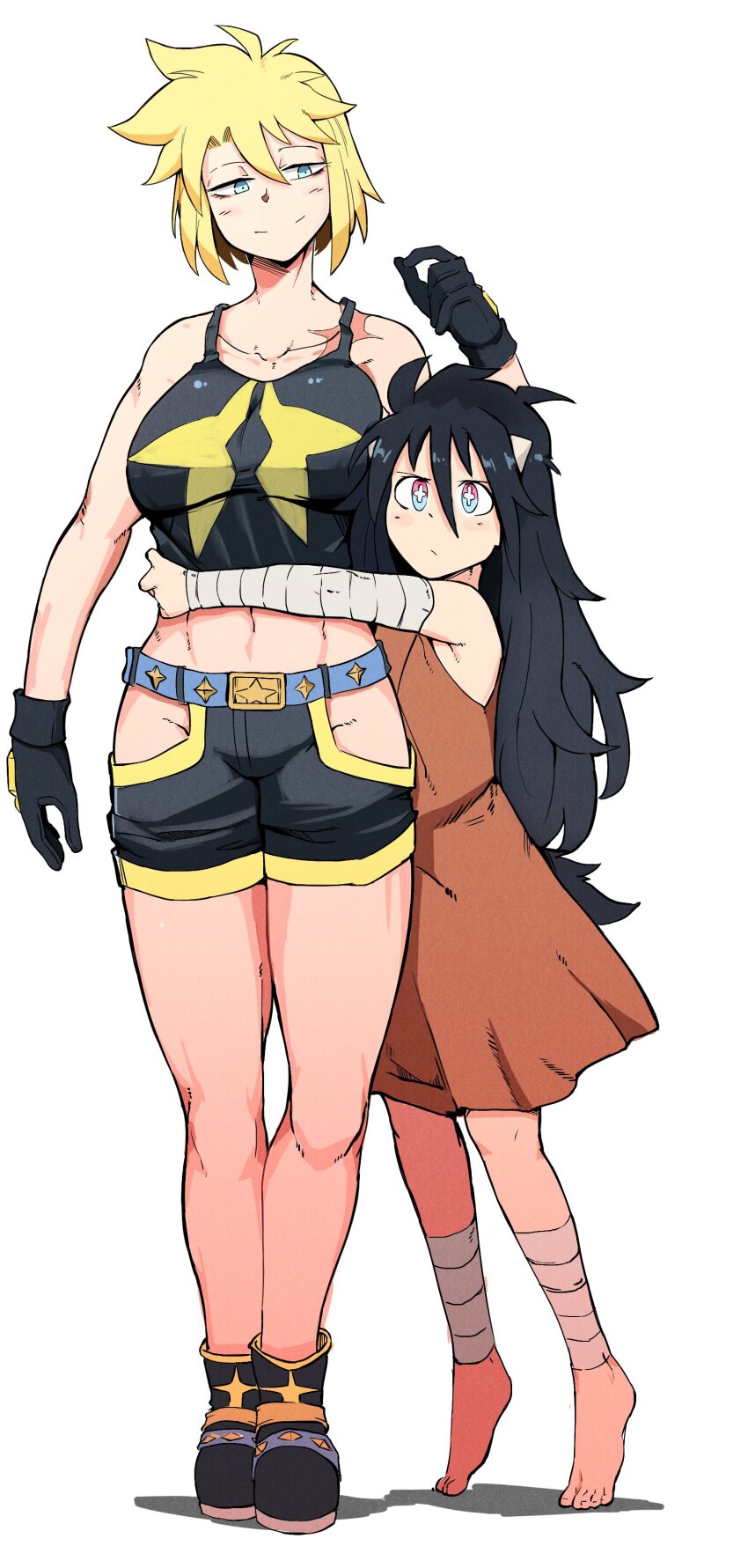 2girls, abs, absurdres, antares_topaz, bandaged_ankle, bandaged_arm, bandages, bare_shoulders