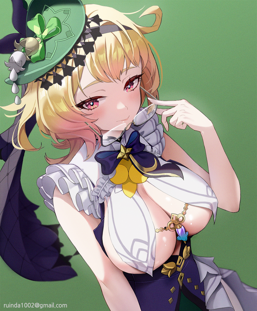 1girl, black-framed_eyewear, black_bow, black_corset, blonde_hair, blush, bow, breast_curtains, breasts, corset, detached_sleeves, emilie_(genshin_impact), genshin_impact, glasses, green_background, green_hat, hat, highres, looking_at_viewer, medium_breasts, pink_eyes, ruinda, semi-rimless_eyewear, short_hair