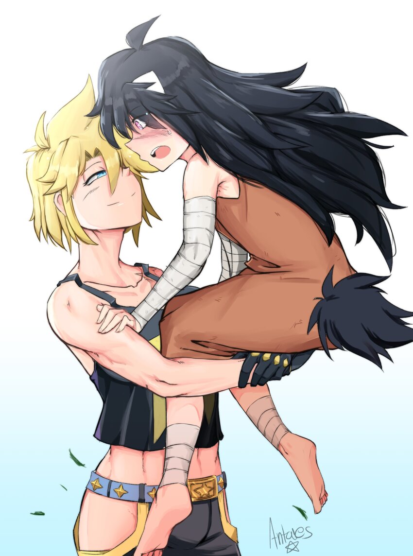 2girls, absurdres, ahoge, antares_topaz, artist_name, bandaged_ankle, bandaged_arm, bandages