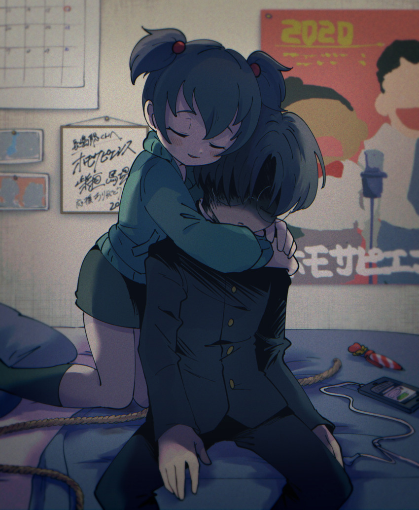 1boy, 1girl, aqua_jacket, arms_around_neck, assertive_female, bed, bedroom, black_hair, black_pants, black_skirt, black_socks, buttons, calendar_(object), closed_eyes, comforting, earbuds, earphones, facing_viewer, feet_out_of_frame, film_grain, gakuran, glasses, highres, indoors, jacket, kneehighs, kneeling, light_blush, long_sleeves, nagashima_satoshi, odd_taxi, omochiutyu, on_bed, pants, pen, poster_(object), rope, round_eyewear, school_uniform, shaded_face, short_hair, short_twintails, sitting, skirt, smile, socks, twintails, wadagaki_sakura