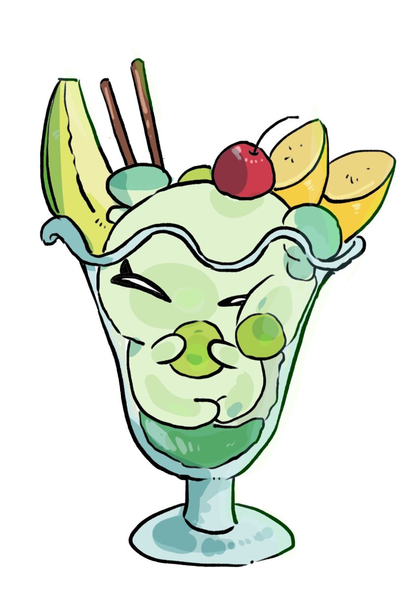 banana, cherry, con_(fate), cup, fate/grand_order, fate_(series), food, food_on_head, fruit, fruit_on_head, highres, in_container, in_cup, nikutoskn, no_humans, object_on_head, parfait, pocky, white_background