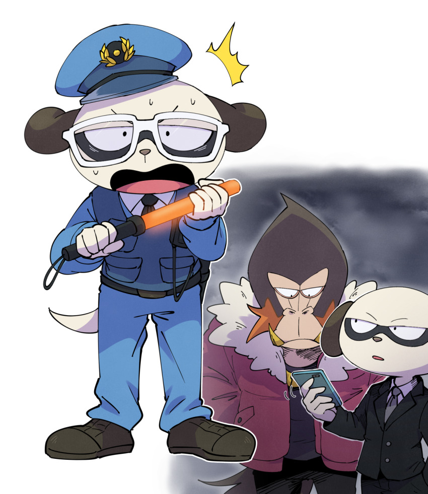 3boys, ^^^, animal_ears, animal_nose, baton_(weapon), black_jacket, black_suit, blue_pants