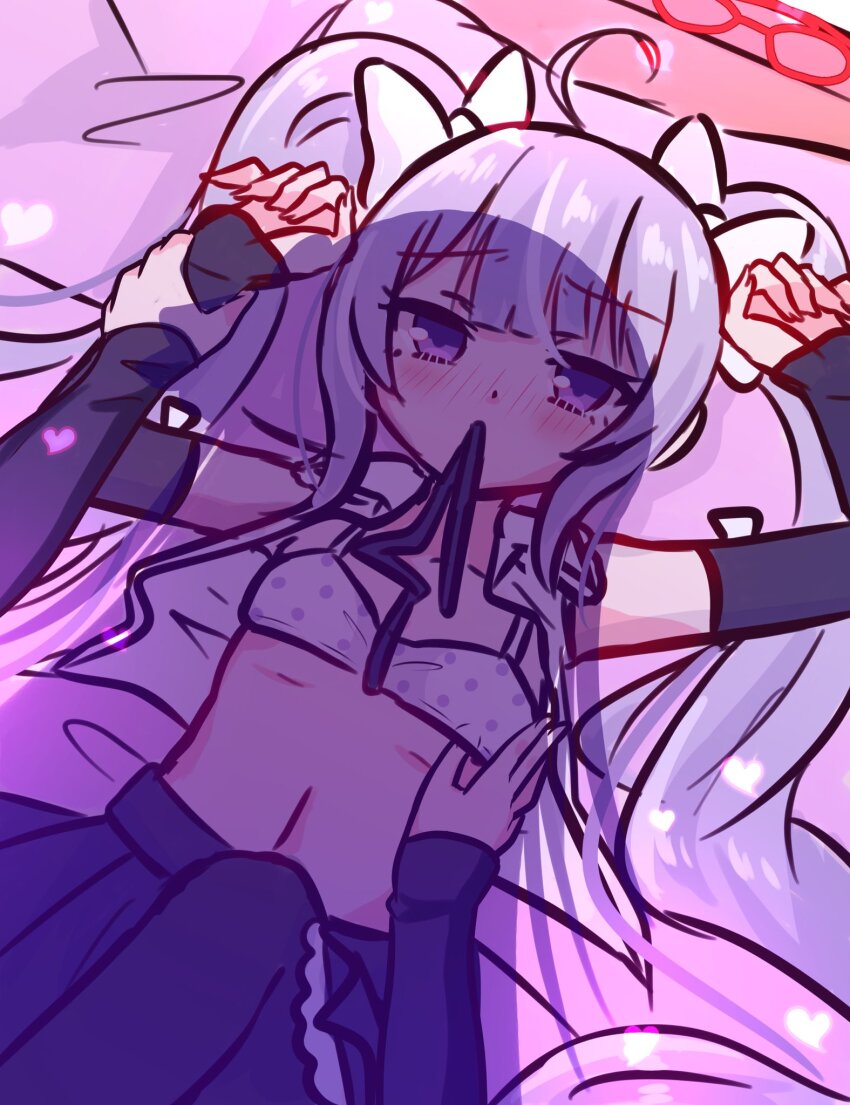 2girls, ahoge, anjou_seira, arms_up, assault_lily, bare_shoulders, bed, black_pantyhose