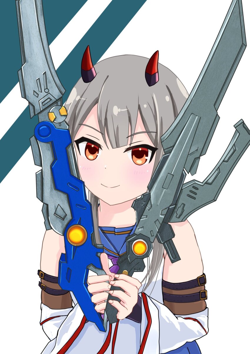 1girl, arm_belt, assault_lily, asymmetrical_dual_wielding, bare_shoulders, belt, belt_buckle, black_belt, blue_background, blue_sailor_collar, blue_skirt, blunt_bangs, blush, buckle, closed_mouth, commentary_request, detached_sleeves, dual_wielding, ekakisyun, fujita_asagao, grey_hair, hands_up, harusaki_non, highres, holding, holding_weapon, horns, long_hair, long_sleeves, looking_at_viewer, low_twintails, mechanical_horns, multiple_weapons, neckerchief, odaiba_girls_high_school_uniform, orange_eyes, photo-referenced, purple_neckerchief, red_horns, sailor_collar, school_uniform, serafuku, shirt, skirt, sleeveless, sleeveless_shirt, smile, solo, twintails, two-tone_background, upper_body, voice_actor_connection, weapon, white_background, white_shirt, wide_sleeves