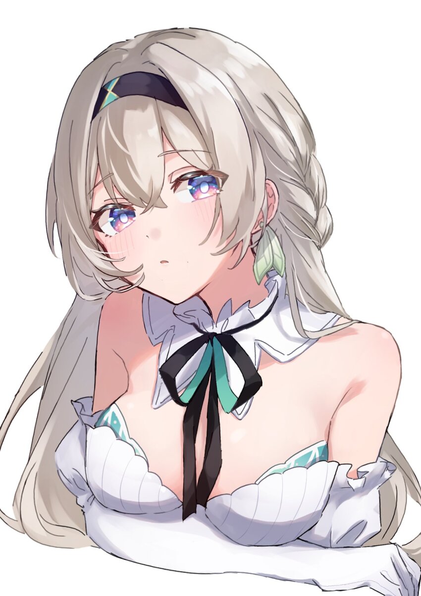 1girl, alternate_costume, arm_rest, black_hairband, black_ribbon, blush, braid, breasts