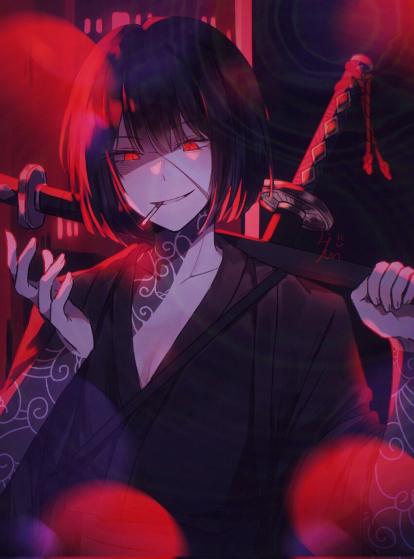 1girl, black_hair, black_kimono, cigarette, cloud_tattoo, hand_up, highres, holding