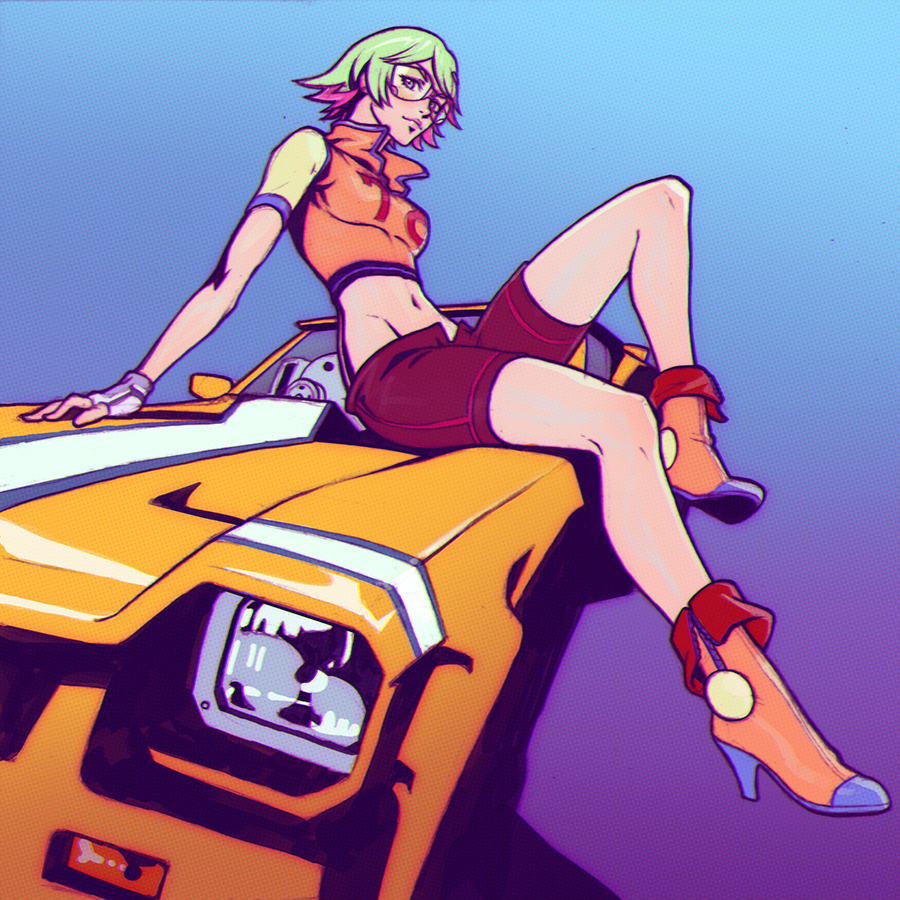 1girl, arm_support, blue_gloves, boots, breasts, car, chromatic_aberration, closed_mouth