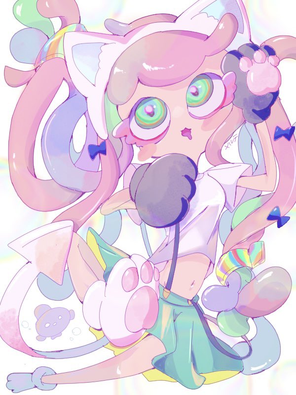 animal_ears, animal_hands, bow, cat_ears, cat_tail, drooling, hair_bow, harmony's_clownfish_(splatoon)
