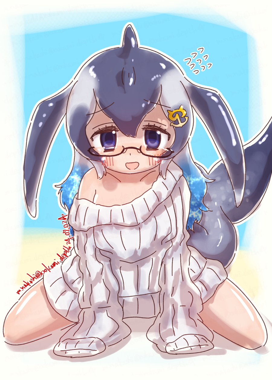 1girl, aged_down, anchor_hair_ornament, blowhole, blue_eyes, blue_hair, blue_whale_(kemono_friends), blush