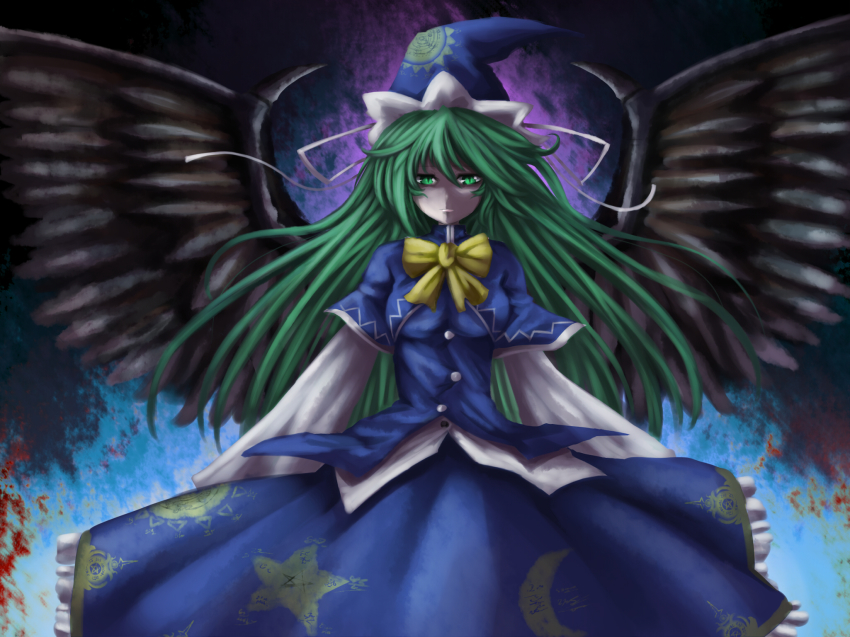 1girl, black_wings, capelet, crescent, emerane, female_focus, green_hair, hat, highres, long_hair, merutoreimu, mima_(touhou), phantasmagoria_of_dim.dream, solo, star_(symbol), sun, touhou, touhou_(pc-98), wings, wizard_hat