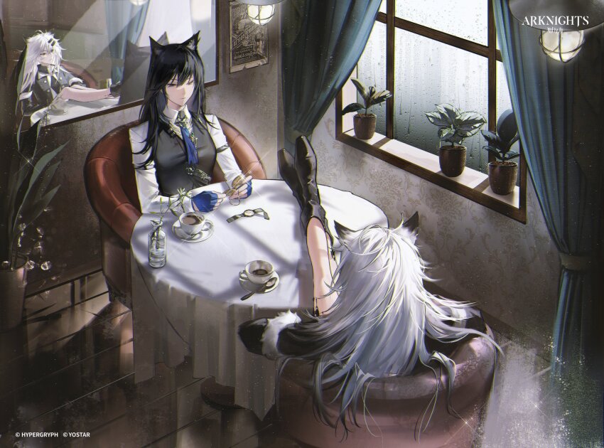 2girls, animal_ear_fluff, animal_ears, ankle_boots, annoyed, arknights, black_footwear, black_hair