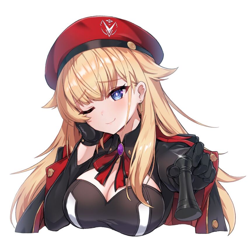 1girl, ;), arm_support, beret, black_coat, black_gloves, black_shirt, blonde_hair