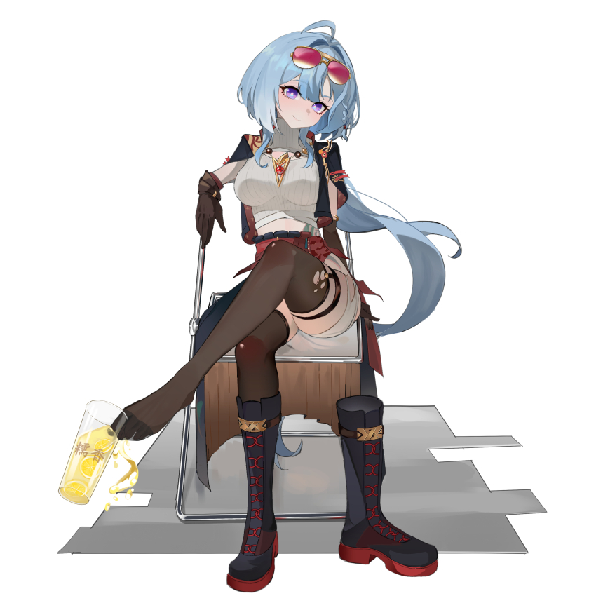 1girl, absurdres, ahoge, beach_chair, black_boots, black_thighhighs, blue_hair, boots