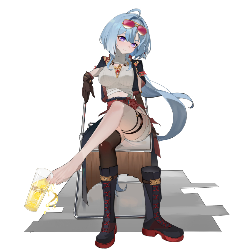 1girl, absurdres, ahoge, barefoot, beach_chair, black_boots, black_thighhighs, blue_hair