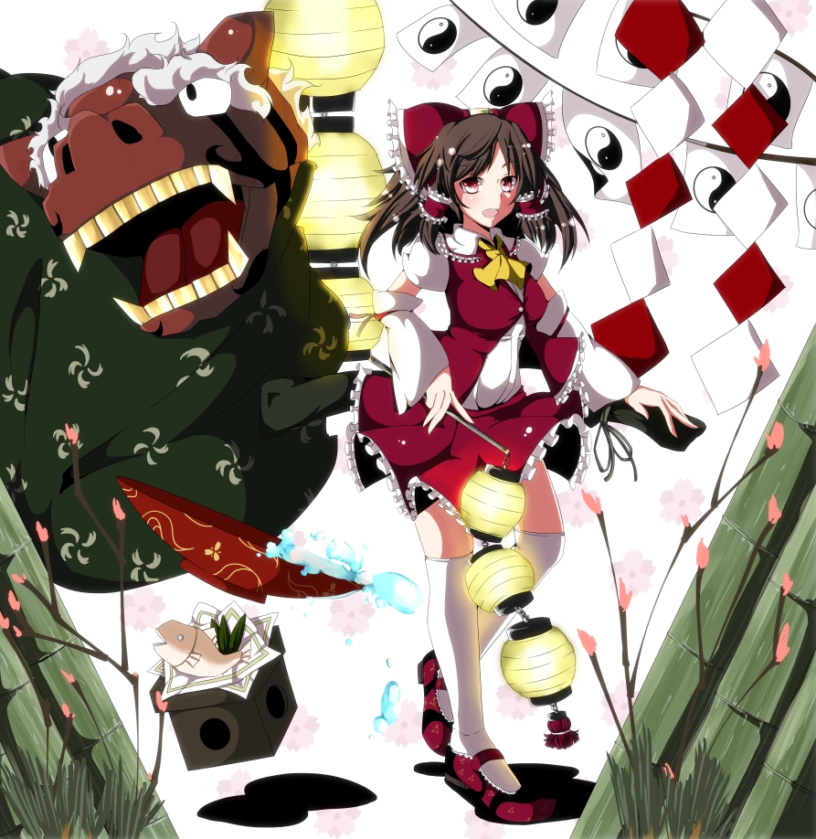 1girl, bow, brown_hair, detached_sleeves, female_focus, fish, hair_bow, hakurei_reimu