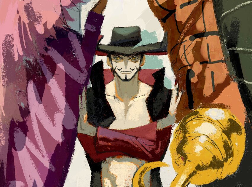 3boys, beard, black_hat, closed_mouth, coat, commentary, crocodile_(one_piece), dazuzuzu
