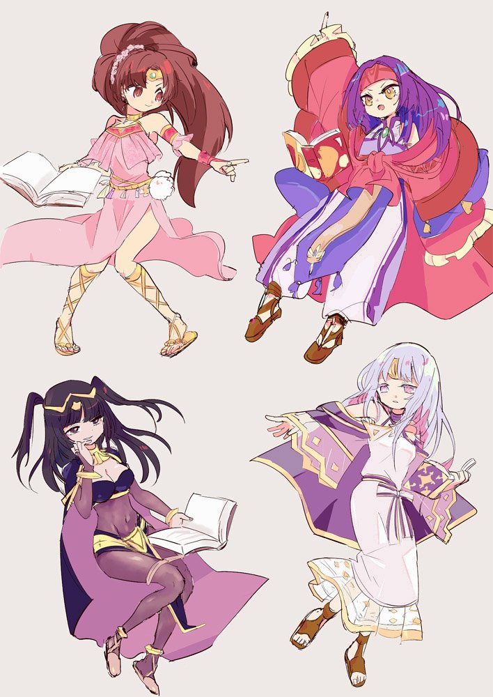 4girls, black_hair, book, brown_hair, fire_emblem, fire_emblem:_genealogy_of_the_holy_war, fire_emblem:_mystery_of_the_emblem, fire_emblem:_radiant_dawn