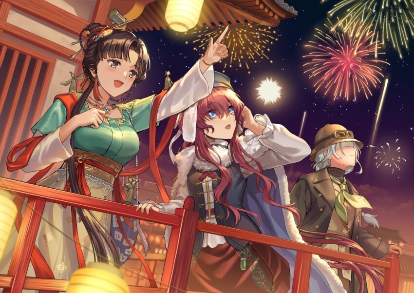 3girls, :d, architecture, arm_up, bessmert_(reverse:1999), black_coat, black_eyes, black_hair