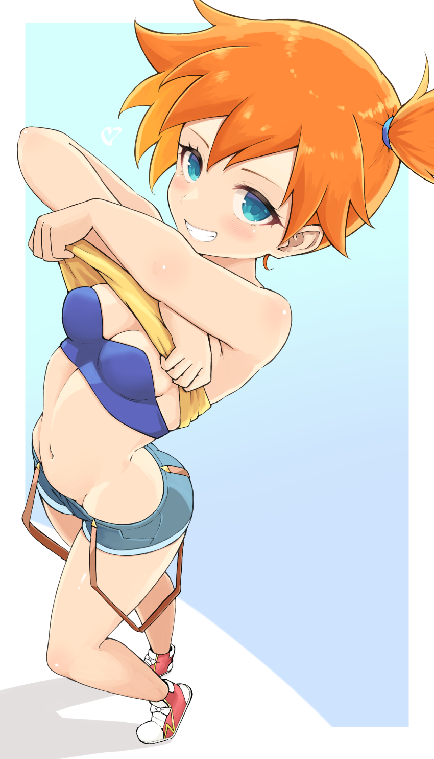 1girl, absurdres, blue_shorts, breasts, commentary_request, crossed_arms, grin, groin