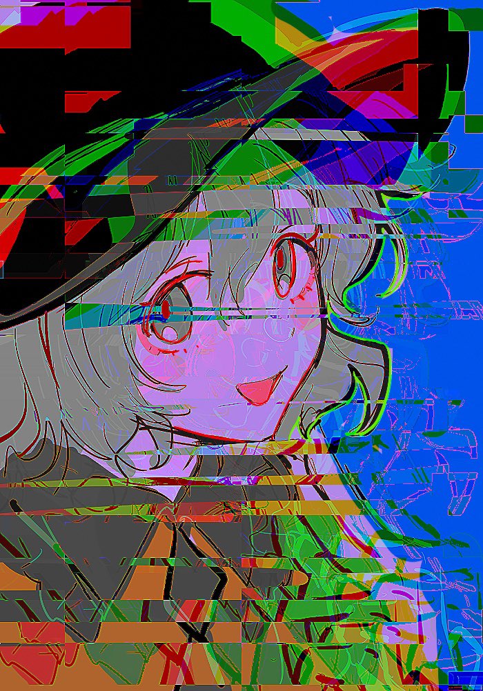 1girl, :d, black_hat, blue_background, collared_shirt, commentary_request, glitch, green_eyes