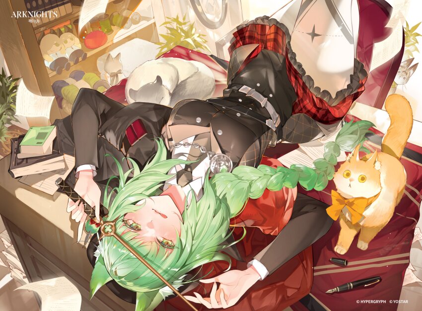 1girl, :p, absurdres, animal_ears, arknights, black_jacket, black_necktie, book