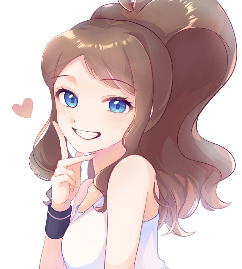 1girl, absurdres, blue_eyes, brown_hair, commentary_request, eyelashes, grin, hand_up