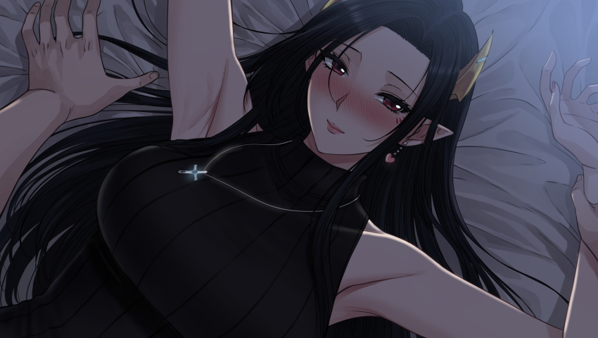 1boy, 1girl, armpits, bed_sheet, black_hair, black_sweater, blush, breasts